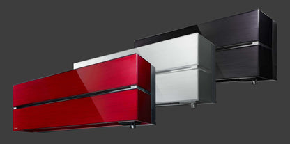 Wall mounted air conditioning units in red, silver, and black finishes showcasing sleek design and modern aesthetics.