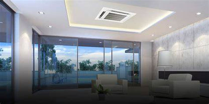 Modern living room with ceiling-mounted cassette air conditioner providing 360-degree airflow for uniform cooling and heating