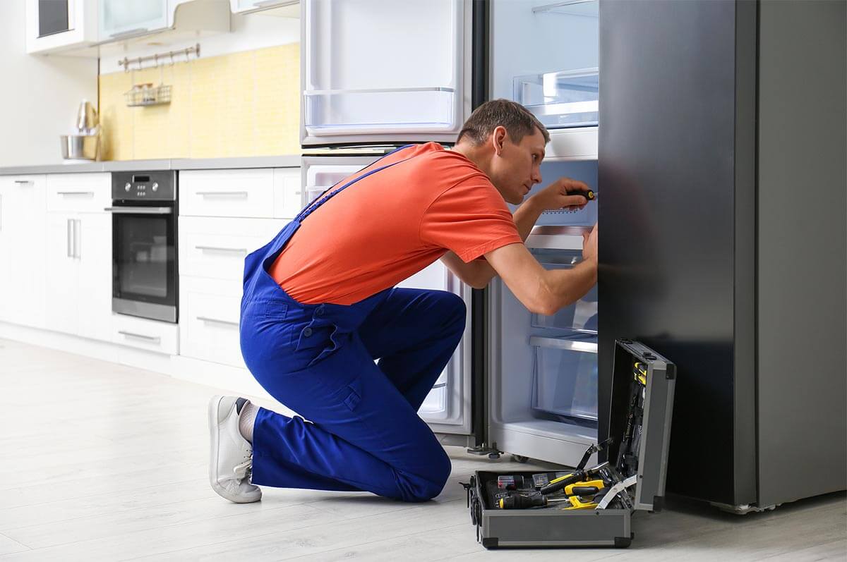 Technician providing refrigeration maintenance services in a modern kitchen.